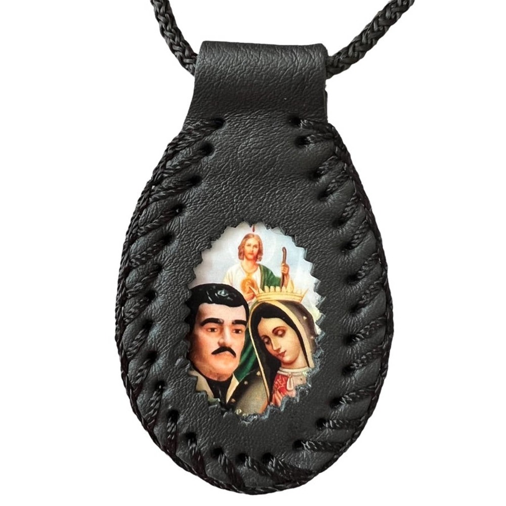 Guadalupe, St Jude, Jesus Malverde Scapular Necklace Black Leather Rope Knotted
